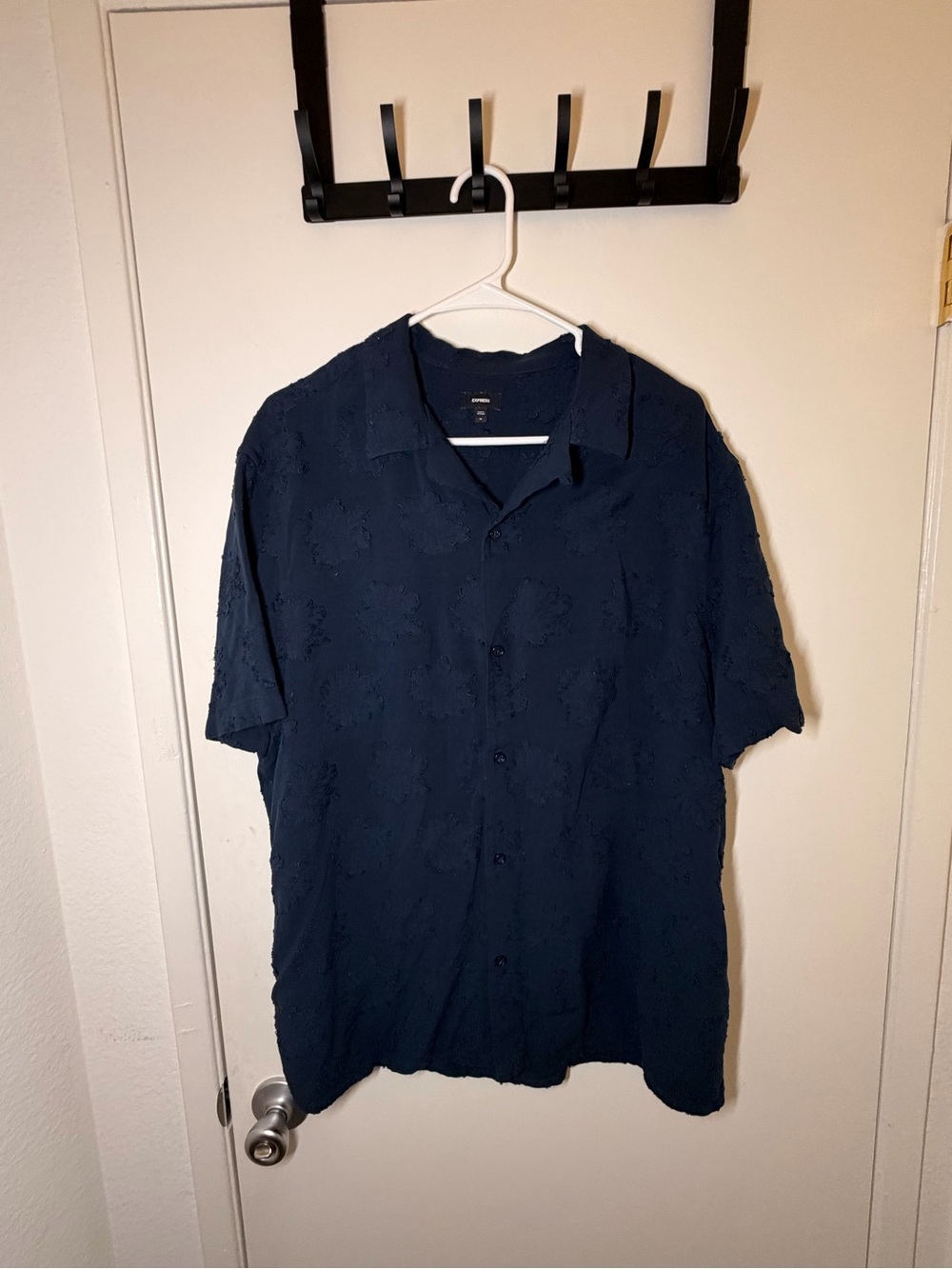 Express Men's Navy Short Sleeve Textured Button-Down Shirt
